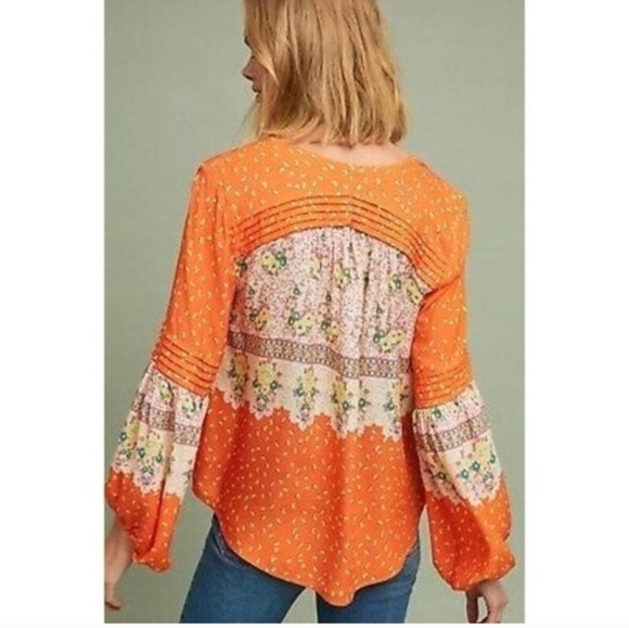 Anthropologie Maeve Ceresco Orange Floral Pleated Peasant Top 🌼 Small  ‎ 💖 - Picture 5 of 11